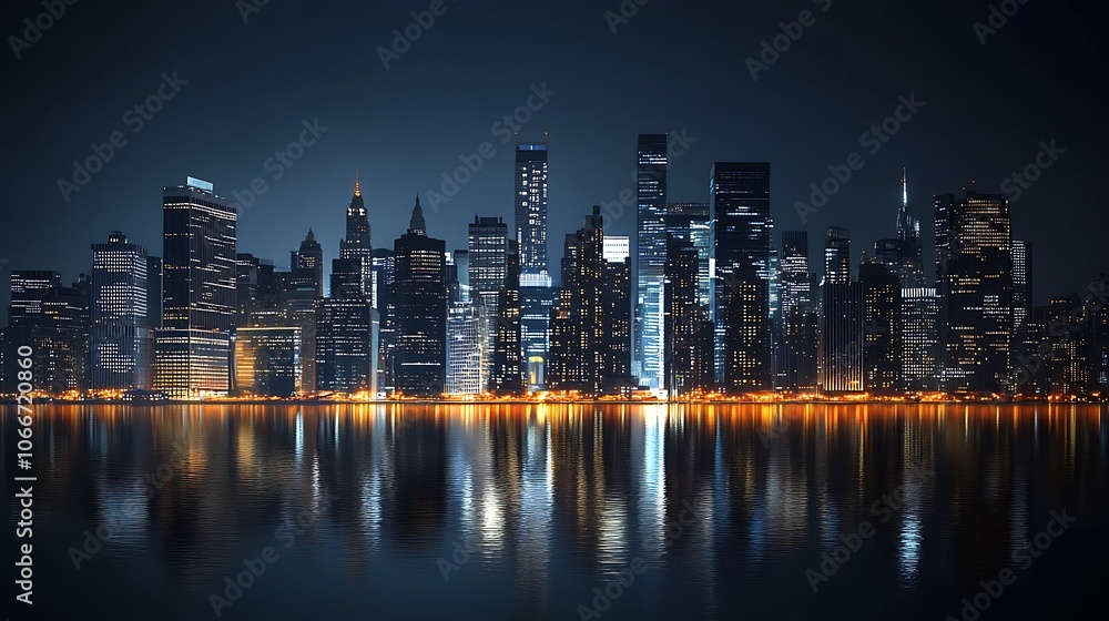 Fototapeta premium Nighttime cityscape with illuminated skyscrapers reflected in water
