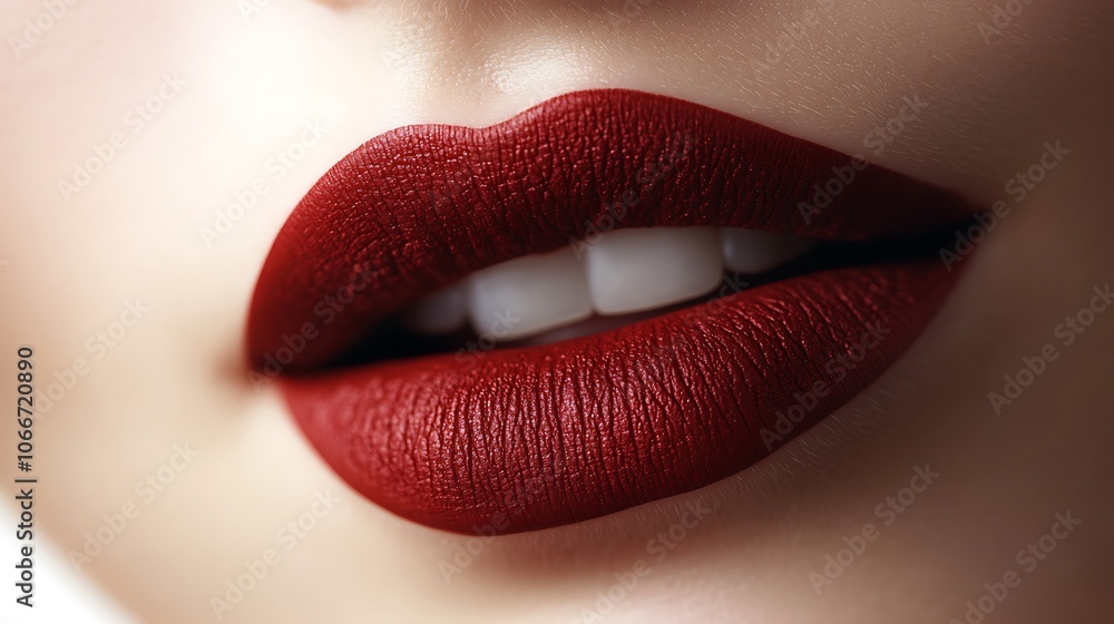 Extreme close-up of lips adorned in intense crimson red matte lipstick, velvety texture illuminated by soft, subtle light to highlight the deep color and smooth curves, high-definition, Extreme close-up of lips adorned in intense crimson red matte lipstick, velvety texture illuminated by soft, subtle light to highlight the deep color and smooth curves, high-definition,