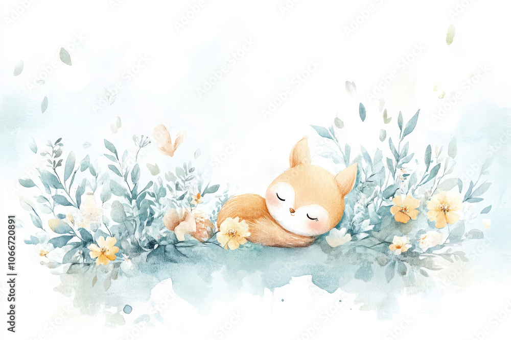 Peaceful Slumber of a Cute Fox Amid Blossoms and Foliage in Watercolor. Watercolor Nursery Art. Peaceful Slumber of a Cute Fox Amid Blossoms and Foliage in Watercolor. Watercolor Nursery Art.