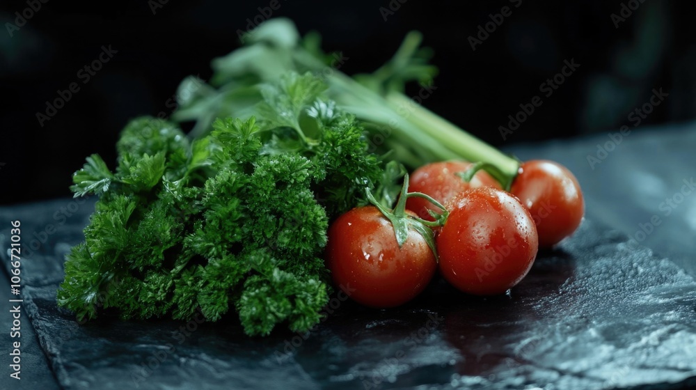A still life image of a table set with fresh tomatoes and broccoli A still life image of a table set with fresh tomatoes and broccoli