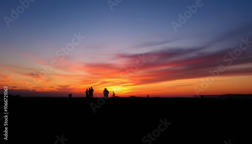 Silhouettes at Sunset on St Kilda Beach isolated with white shades, png