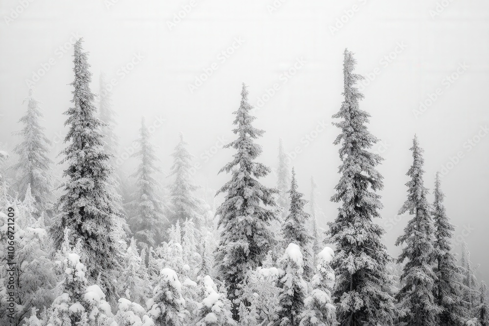 Majestic snow-covered pine trees stand tall in a foggy winter forest, creating a serene and picturesque wonderland Majestic snow-covered pine trees stand tall in a foggy winter forest, creating a serene and picturesque wonderland