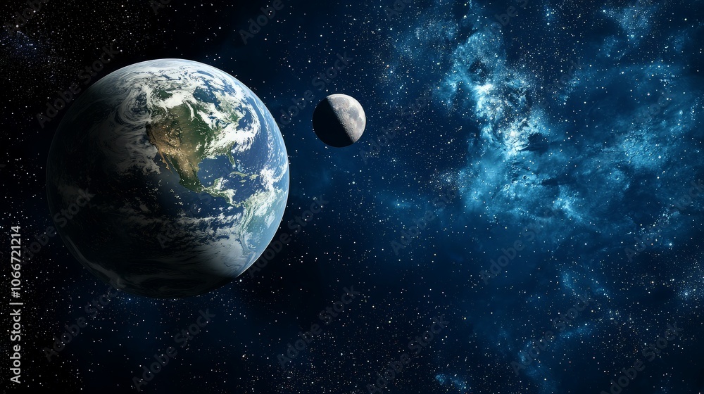 A stunning view of planet Earth with a crescent moon in the distance against a background of a star-filled night sky. A stunning view of planet Earth with a crescent moon in the distance against a background of a star-filled night sky.
