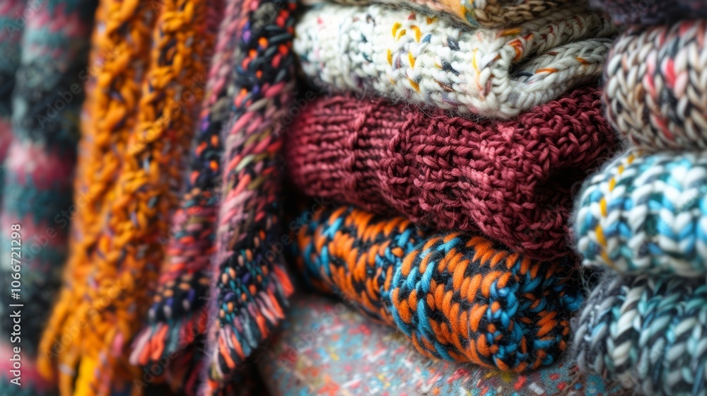 Soft handknit scarves in a variety of patterns and colors add a cozy touch to a nearby display perfect for staying warm on chilly days. Soft handknit scarves in a variety of patterns and colors add a cozy touch to a nearby display perfect for staying warm on chilly days.