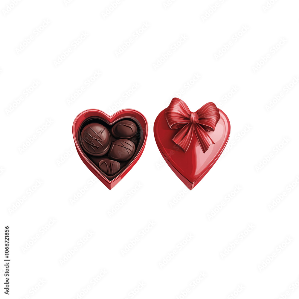 of two red heart-shaped gift boxes with chocolates inside and a bow on top against a white background of two red heart-shaped gift boxes with chocolates inside and a bow on top against a white background