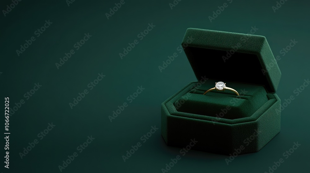 Diamond ring in a classic dark green velvet box, placed against a soft gradient background, minimalistic and elegant Diamond ring in a classic dark green velvet box, placed against a soft gradient background, minimalistic and elegant