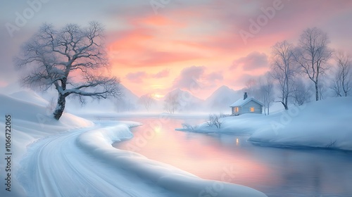 Explore the tranquil beauty of a snowy landscape at sunset with a cozy cabin by the river