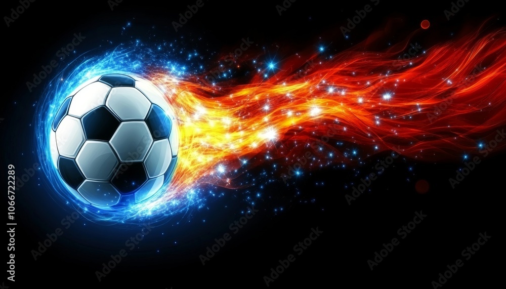 Naklejka premium Fiery Soccer Ball Dynamic Sports Background with Motion Blur, Abstract Flames, and Intense Energy.