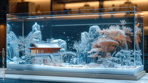 A rectangular fish tank, is placed on the table. There is a long strip above the fish tank. LED lighting, miniature landscape in fish tank, ancient Chinese architecture, snow scene, snow, trees. photo