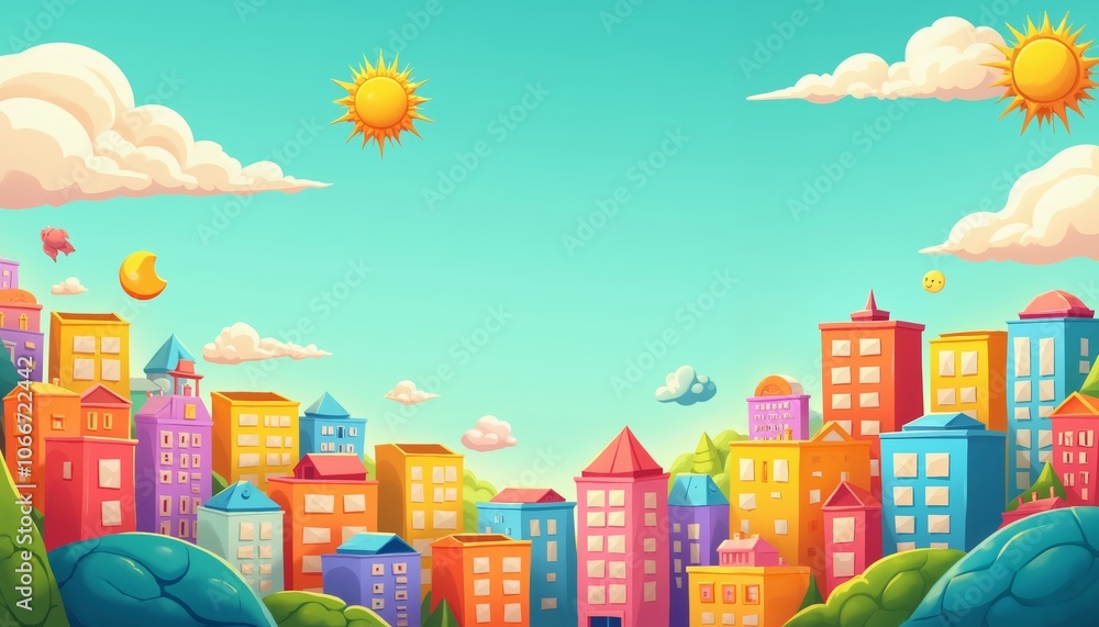 Whimsical Cityscape with Colorful Geometric Buildings and Sky Icons Whimsical Cityscape with Colorful Geometric Buildings and Sky Icons