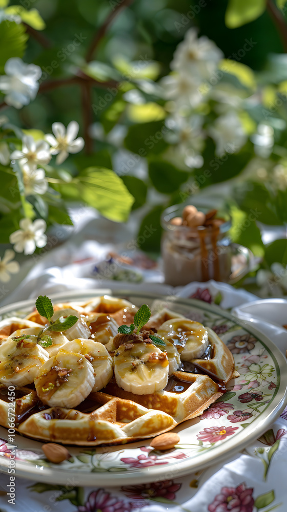 Banana waffles on floral plate with caramelized bananas, chocolate sauce, and mint Banana waffles on floral plate with caramelized bananas, chocolate sauce, and mint
