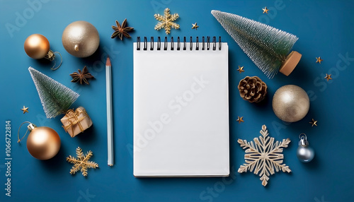 A top view of a blank notebook surrounded by festive Christmas decorations, including ornaments and a pencil, on a blue background
