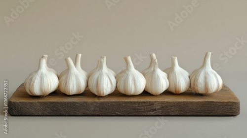 A collection of garlic bulbs arranged on a wooden cutting board, suitable for use in cooking or as a prop in food-related photography