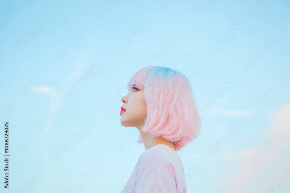 Minimalist Profile of Asian Woman with Pastel Hair Against Blue Sky Minimalist Profile of Asian Woman with Pastel Hair Against Blue Sky