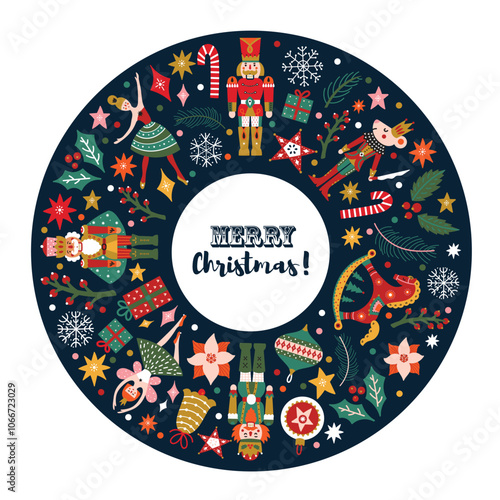 Christmas wreath with cute motifs from the ballet Nutcracker. Vector template. Retro design.