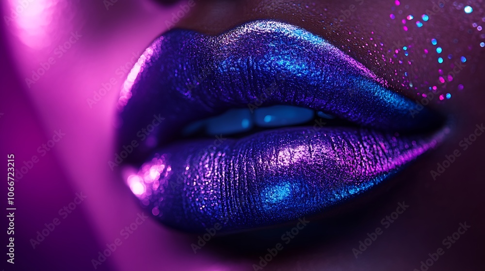 Extreme close-up of lips painted in bold neon violet, matte finish with a velvety texture, illuminated by soft, diffused lighting to enhance the striking color and smooth surface, high-definition, Extreme close-up of lips painted in bold neon violet, matte finish with a velvety texture, illuminated by soft, diffused lighting to enhance the striking color and smooth surface, high-definition,