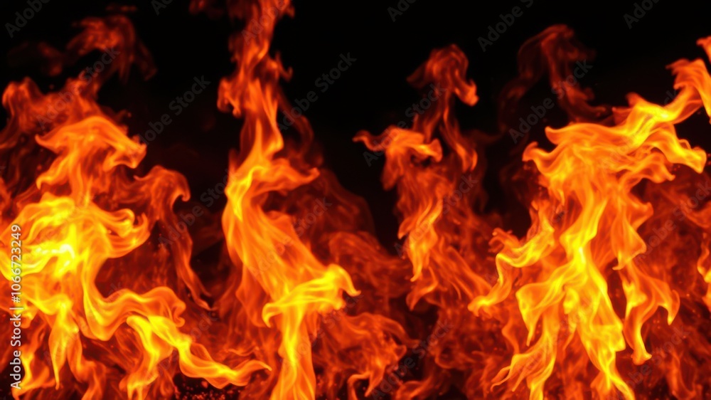 Flames of fiery orange and red dance across a dark black background, creating a dramatic and intense image of heat and power, heat Flames of fiery orange and red dance across a dark black background, creating a dramatic and intense image of heat and power, heat