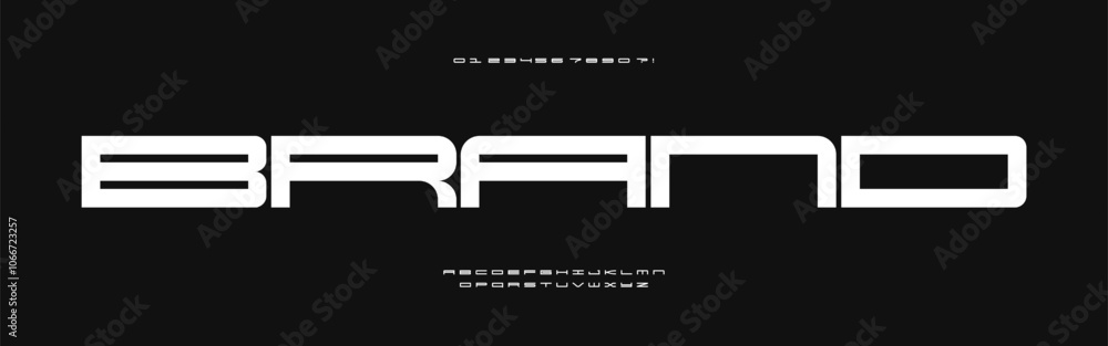 Bold extended font, wide geometric letters, thick square font for minimalist tech branding, strong industrial headline. Broad rectangular typeface Vector typeset Bold extended font, wide geometric letters, thick square font for minimalist tech branding, strong industrial headline. Broad rectangular typeface Vector typeset