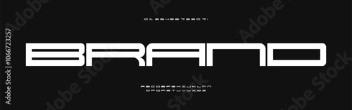Bold extended font, wide geometric letters, thick square font for minimalist tech branding, strong industrial headline. Broad rectangular typeface Vector typeset