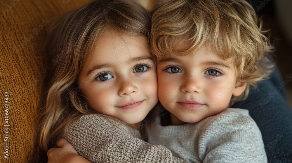Closeup portrait of adorable siblings hugging, young children together, brother and sister bond, family love, childhood friendship, cozy, happy moments, affectionate kids Closeup portrait of adorable siblings hugging, young children together, brother and sister bond, family love, childhood friendship, cozy, happy moments, affectionate kids