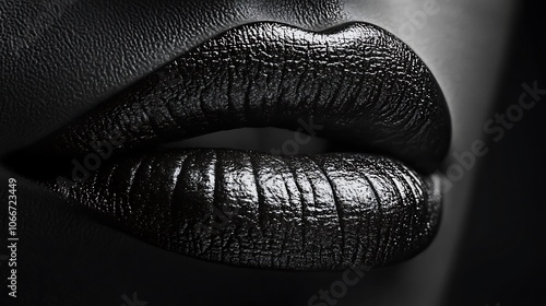 Extreme close-up of lips painted in deep black, matte finish with a subtle gloss, velvety texture highlighted by soft, dramatic lighting to emphasize the mysterious and bold appearance, photo