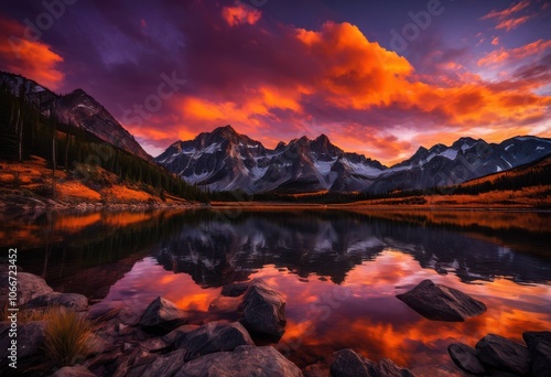 stunning orange purple sunset illuminating dramatic mountain peaks vibrant skyline, colorful, silhouette, horizon, clouds, evening, landscape, nature