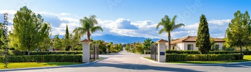Elegant gated community entrance surrounded by lush greenery, inviting residents into a serene and exclusive environment.