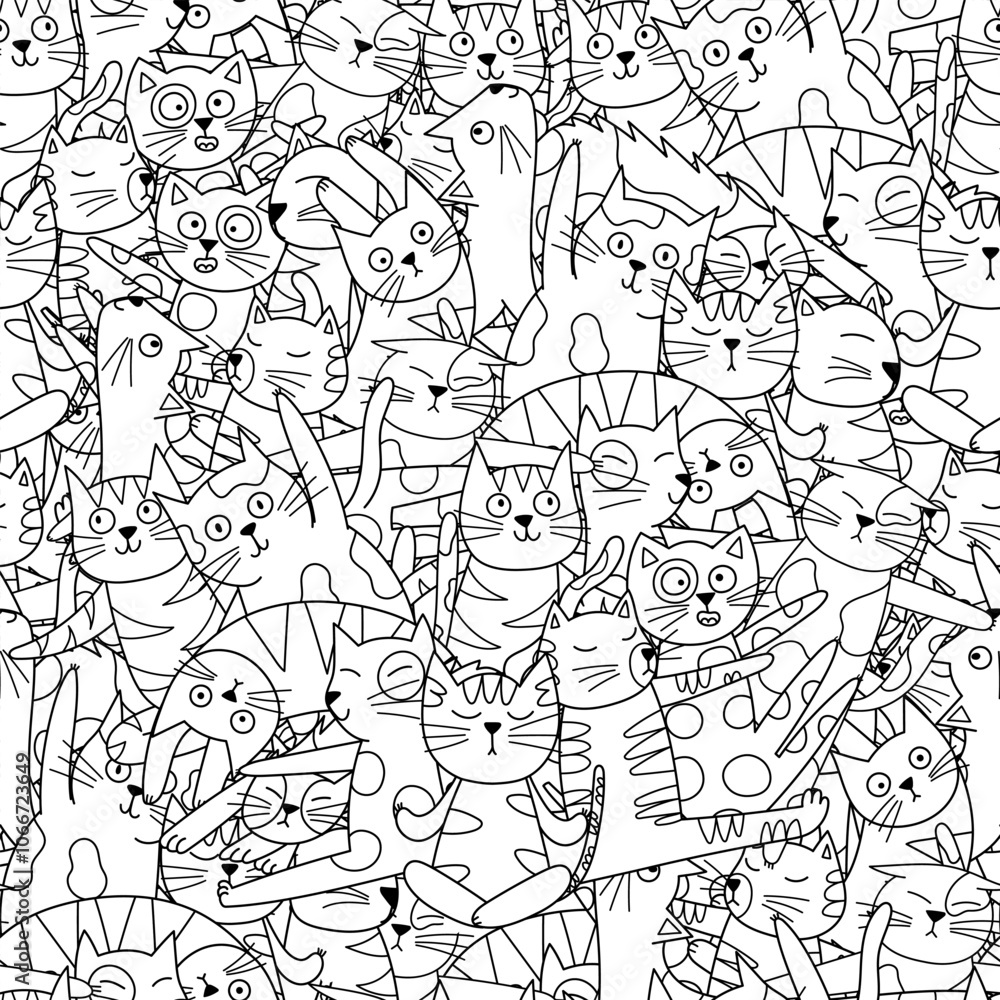 Cute yoga cats black and white seamless pattern for kids. Funny feline characters in different yoga poses coloring page. Outline background. Vector illustration Cute yoga cats black and white seamless pattern for kids. Funny feline characters in different yoga poses coloring page. Outline background. Vector illustration