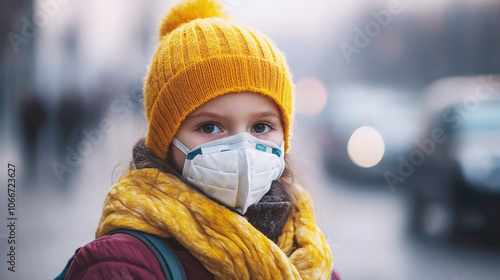 A young girl wearing a protective face mask, bright yellow hat, and scarf stands outdoors on a chilly day. The scene highlights health awareness during cold and flu season in an urban environment.