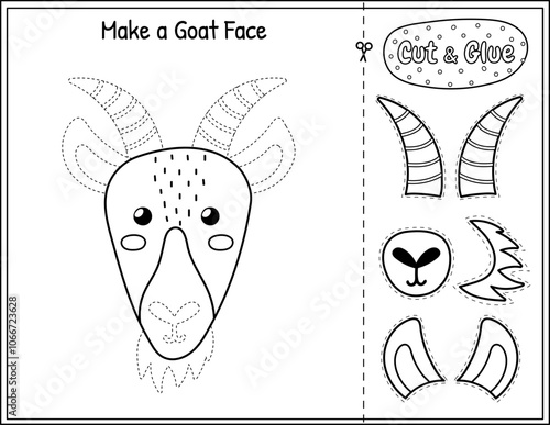 Make a goat face game for kids in outline. Cut and glue educational activity page in black and white. Matching game with farm character. Vector illustration