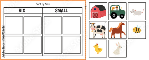 Big and small cut and glue game with a cute farm characters. Educational activity page for kids. Sorting game for school and preschool. Vector illustration