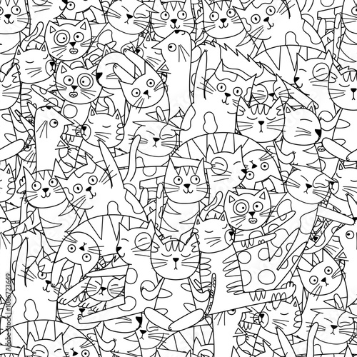 Cute yoga cats black and white seamless pattern for kids. Funny feline characters in different yoga poses coloring page. Outline background. Vector illustration