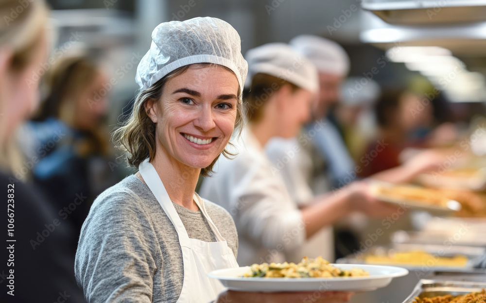 A team of volunteers in aprons and hairnets serves hot meals to people in need at a busy soup kitchen. The woman volunteer smile warmly as they hand out plate of food. A team of volunteers in aprons and hairnets serves hot meals to people in need at a busy soup kitchen. The woman volunteer smile warmly as they hand out plate of food.