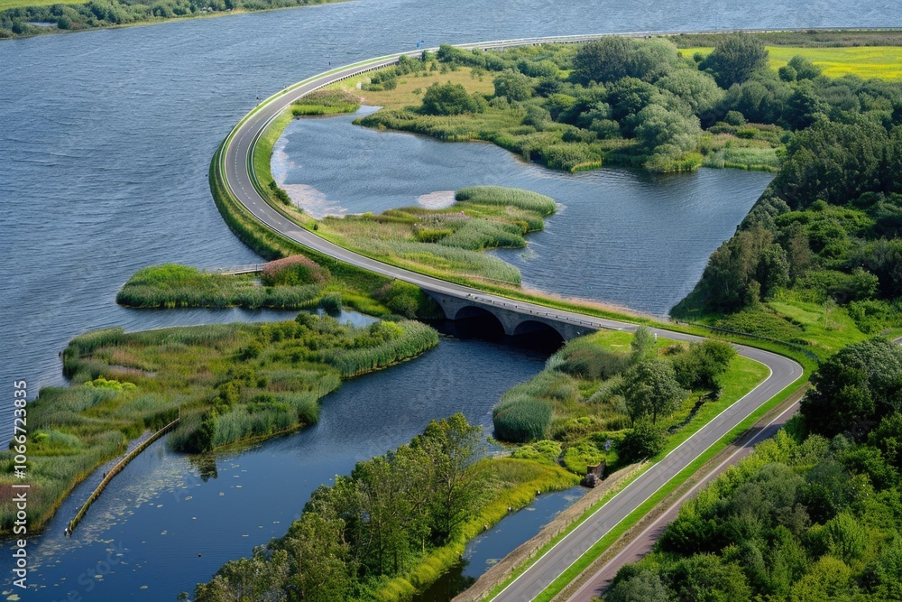 Fototapeta premium Aerial view of a bridge spanning across a serene river with lush green surroundings