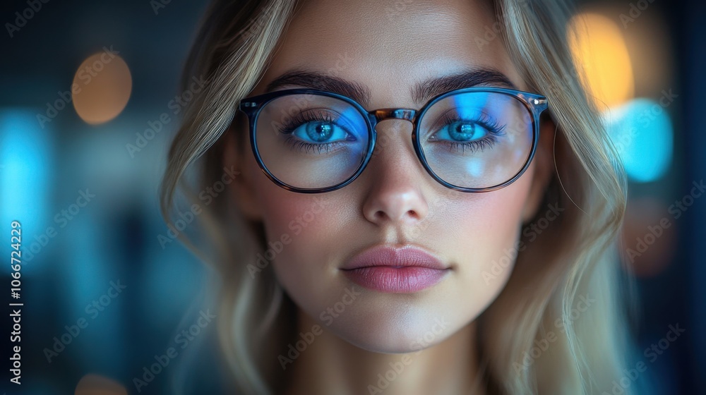 Portrait of woman with eyeglasses, clear blue eyes, close-up face, confident expression, stylish look, intellectual beauty, fashion, focus on glasses, smart and trendy appearance, vibrant background Portrait of woman with eyeglasses, clear blue eyes, close-up face, confident expression, stylish look, intellectual beauty, fashion, focus on glasses, smart and trendy appearance, vibrant background