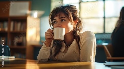 Smiling Young Woman Enjoying a Coffee Break in a Bright Staff Room
 photo