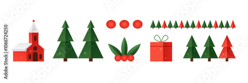 Christmas geometric icons set. Winter church, trees, red gift box, tangerines and mistletoe, vector flat illustration with Christmas design elements isolated on white background