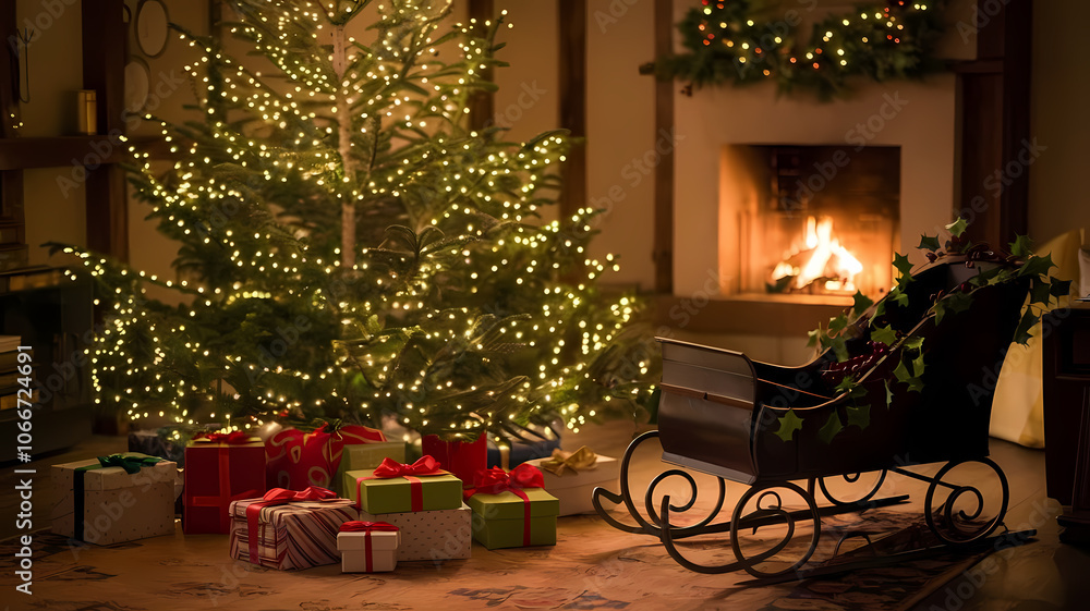 Cozy Christmas scene featuring a beautifully lit tree, wrapped gifts, and a classic sleigh beside a glowing fireplace, creating a festive and warm holiday atmosphere. Cozy Christmas scene featuring a beautifully lit tree, wrapped gifts, and a classic sleigh beside a glowing fireplace, creating a festive and warm holiday atmosphere.