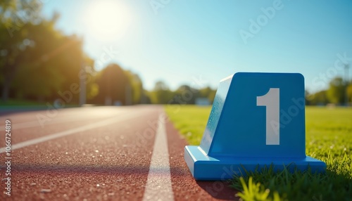 Vibrant Blue Starting Block Number One on Smooth Athletic Track.