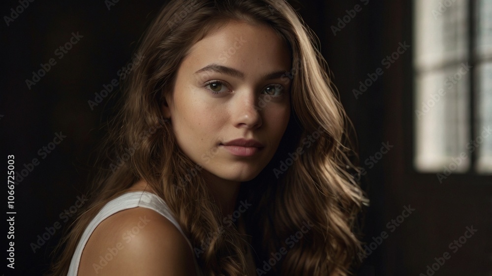 Portrait of a beautiful, sensual female fashion model with long wavy brown hair and a warm smile. She has light skin and is wearing a white sleeveless top. Portrait of a beautiful, sensual female fashion model with long wavy brown hair and a warm smile. She has light skin and is wearing a white sleeveless top.