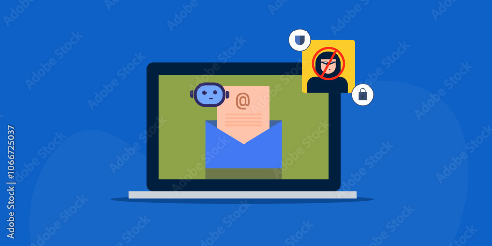 AI email protection prevents cyber hacking and phishing attack on internet, fraud detection with artificial intelligence technology, vector illustration concept. AI email protection prevents cyber hacking and phishing attack on internet, fraud detection with artificial intelligence technology, vector illustration concept.