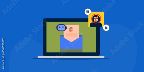 AI email protection prevents cyber hacking and phishing attack on internet, fraud detection with artificial intelligence technology, vector illustration concept.