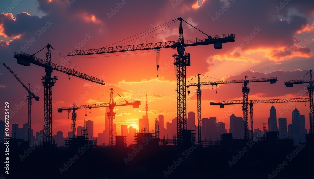 Silhouette of Construction Machinery Against Vibrant Sunset Sky. Silhouette of Construction Machinery Against Vibrant Sunset Sky.