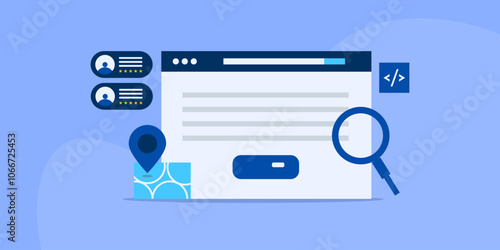 Website SEO for local business webstore, organic listing search marketing concept, vector illustration banner.