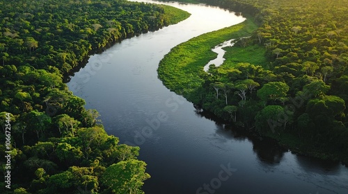 Aerial view of a winding river flowing through a lush, green rainforest.