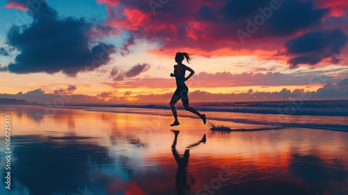 Silhouette of a Woman Running on a Beach at Sunset