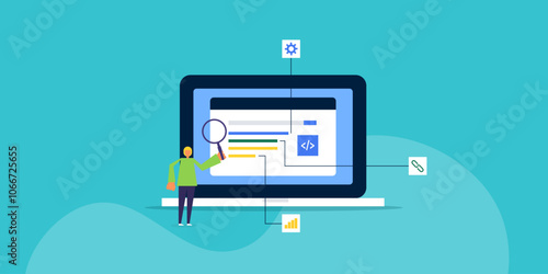 Website meta data optimization, SEO concept. Man analysing content, links and code for website performance development with magnifier, vector illustration concept.