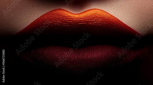 Extreme close-up of lips showcasing a matte ombre from deep red to orange, velvety and smooth texture, lit by diffused studio light for an even, glowing effect, capturing the bold, vibrant gradient, photo