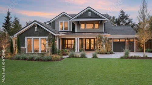 Luxury New Construction Home Exterior with Covered Porch, Green Grass Yard at Twilight