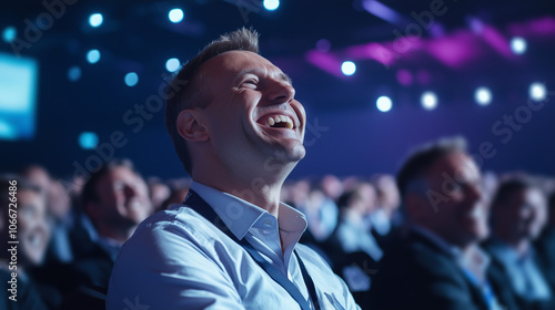 Man laughs heartily in a crowded conference room.